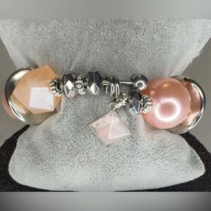 Bangle Pearl Beaded Charm Bracelet with Square Pendant